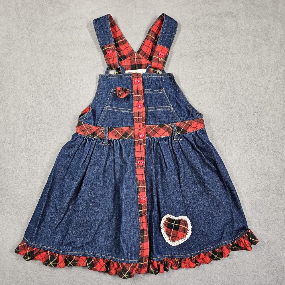 Vintage Popsicle Denim Overall Dress Girls Size 6 Red Plaid Skirtall Hearts 90s
